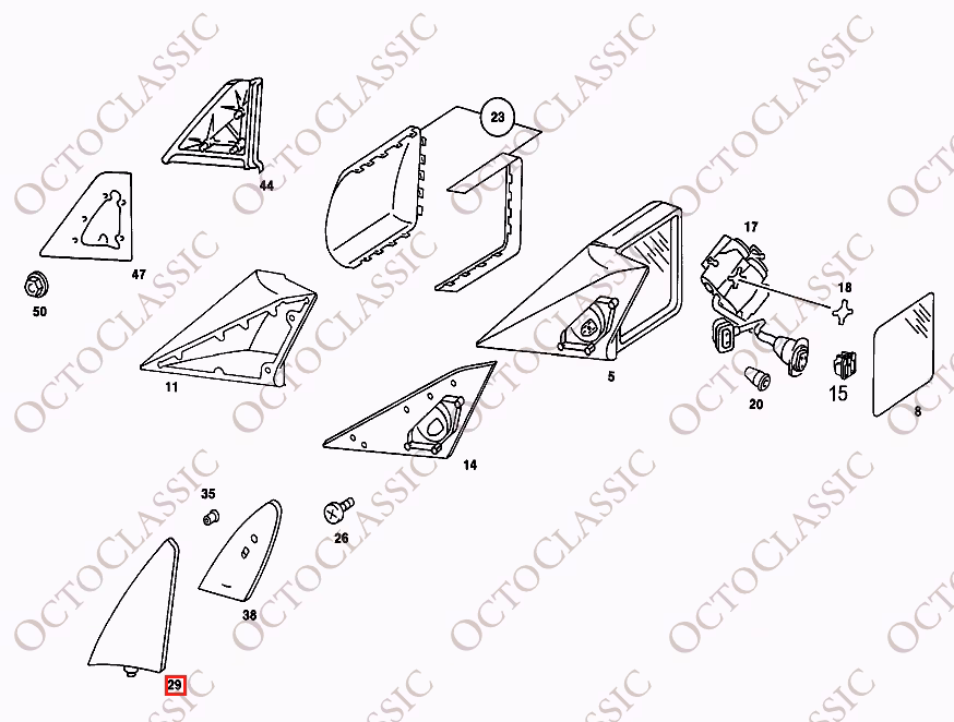 Mercedes W201 Door Side Mirror Triangle Cover 2 Versions Left Or Right Black A2017250511 / A2017250611 / A2017250711 / A2017250811