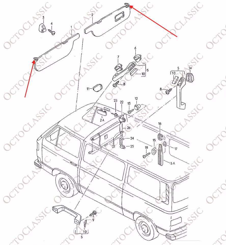 VW Transporter T3 Osłona przeciwsłoneczna Pivot Base Set Of 2 Left And Right Black Or Primed 251857551A / 251857552A