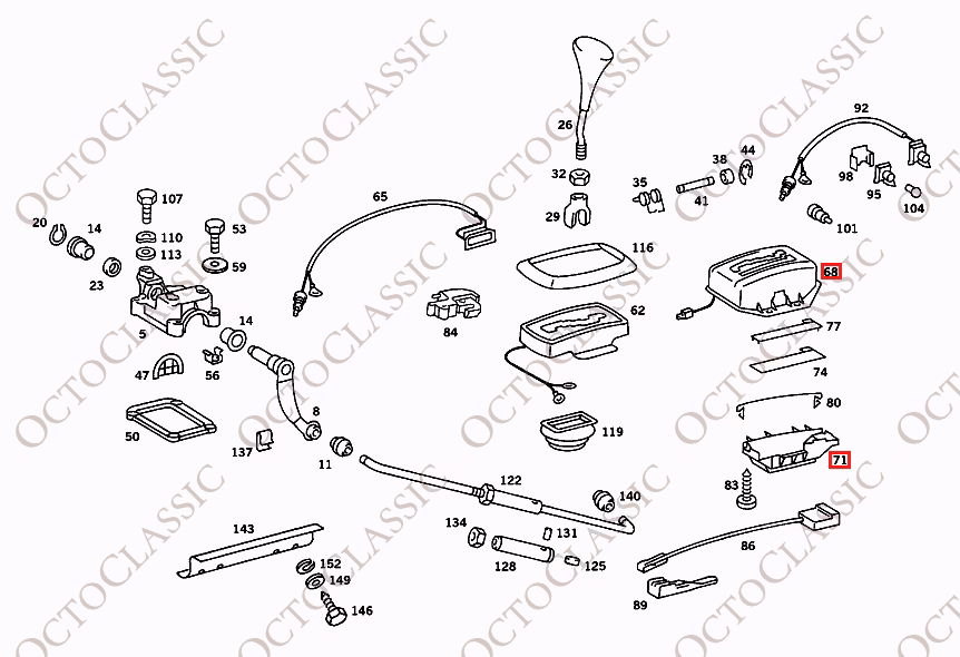Obudowa i wspornik zmiany biegów Mercedes R107 czarny A1072600072 & A1072670040