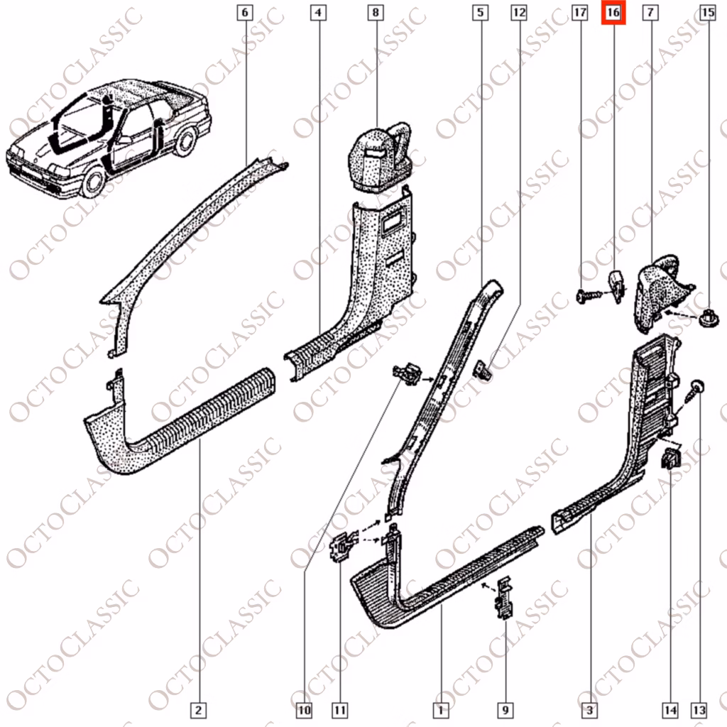 Renault 19 Karmann Cabrio Gancio rifinitura cintura anteriore Tutti i colori 6000070657