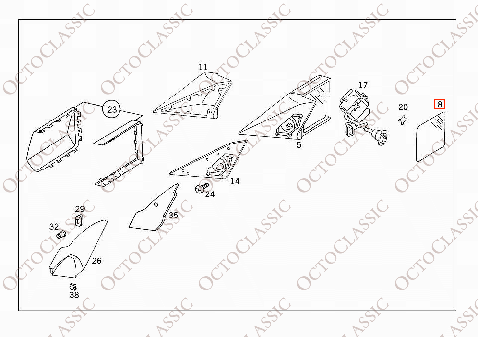 Mercedes W124 Exterior Mirror Glass Base Left Or Right A1248101921 / A1248102021 Mercedes W124 Exterior Mirror Glass Base Left Or Right A1248101921 / A1248102021