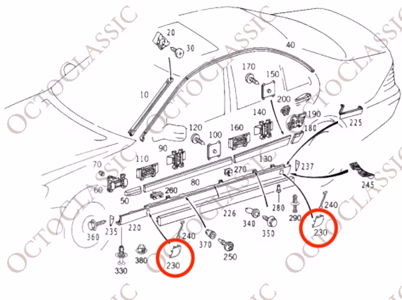 Mercedes W140 Jack Point Hole Cover Clip Trim SET (4 pieces A1406980330 / 1406980330)