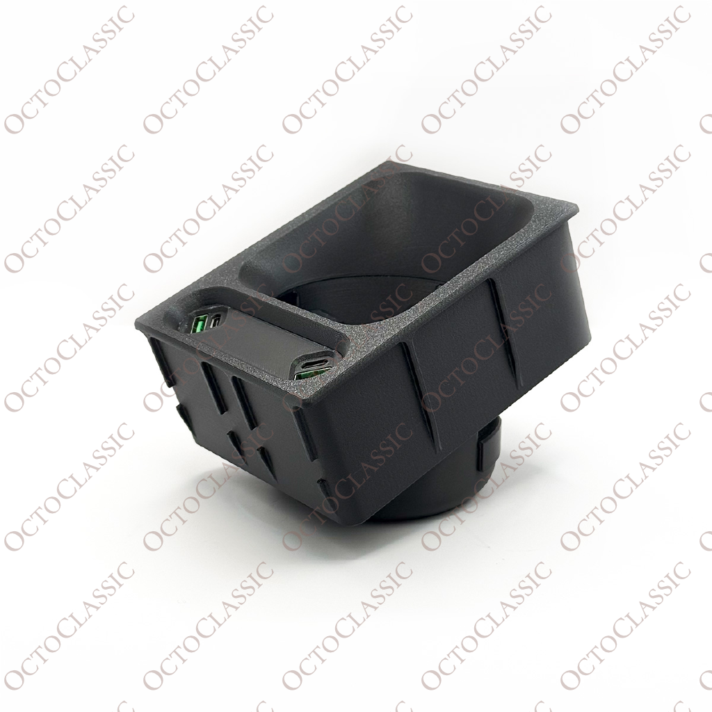 Mercedes R129 SL Custom Cup Holder With USB Phone Charger – Replacement For Center Console Storage Box Mercedes R129 SL Custom Cup Holder With USB Phone Charger – Replacement For Center Console Storage Box