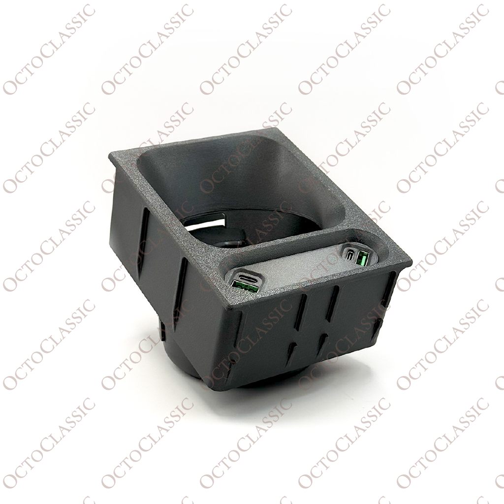 Mercedes R129 SL Custom Cup Holder With USB Phone Charger – Replacement For Center Console Storage Box Mercedes R129 SL Custom Cup Holder With USB Phone Charger – Replacement For Center Console Storage Box