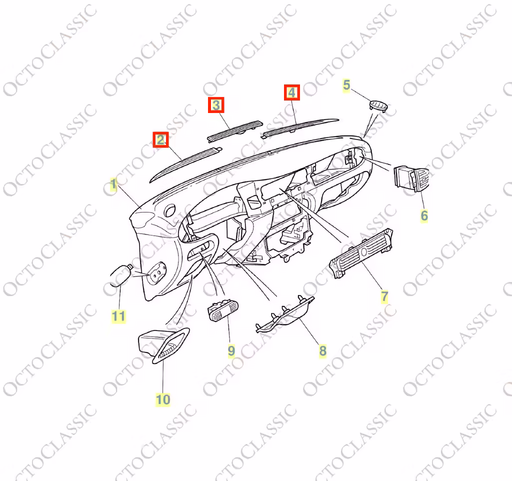Jaguar XJ / XK Rejilla de ventilación del salpicadero Izquierda / Central / Derecha – Una pieza Todos los colores GNC6601AA / GNC6616AA / GNC6600AA
