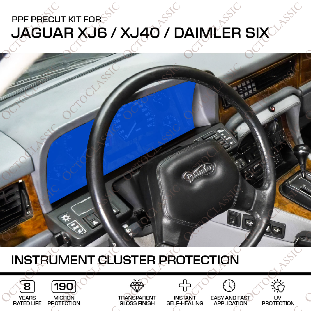 Jaguar XJ6 / XJ40 / Daimler Six Instrument Cluster Protection – PPF Paint Protection Film Precut – Transparent Anti-scratch Cover Jaguar XJ6 / XJ40 / Daimler Six Instrument Cluster Protection – PPF Paint Protection Film Precut – Transparent Anti-scratch Cover