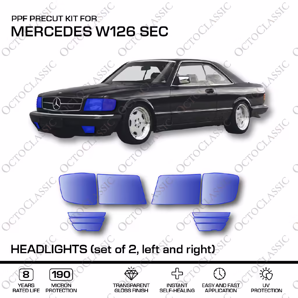Mercedes W126 SEC Fari – Pellicola protettiva 3M PRO trasparente PPF pretagliata – Set di 2 sinistra e destra Mercedes W126 SEC Fari – Pellicola protettiva 3M PRO trasparente PPF pretagliata – Set di 2 sinistra e destra